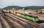 BN, Burlington Northern, ex-Frisco GP38-2s 2302-2126-2318, leaving the west end on the SL&SF Cherokee yard at Tulsa, Oklahoma. August 8, 1982. 